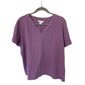 Liz Claiborne Blouse XXL Purple Short Sleeve V-Neck 100% Cotton Twist Sleeve